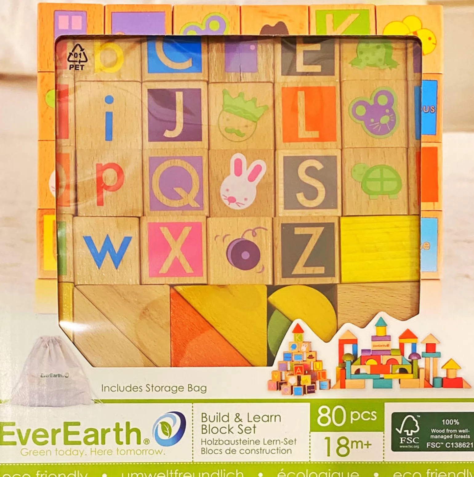 EverEarth Wooden Blocks, Build & Learn Block Set 80 Pieces