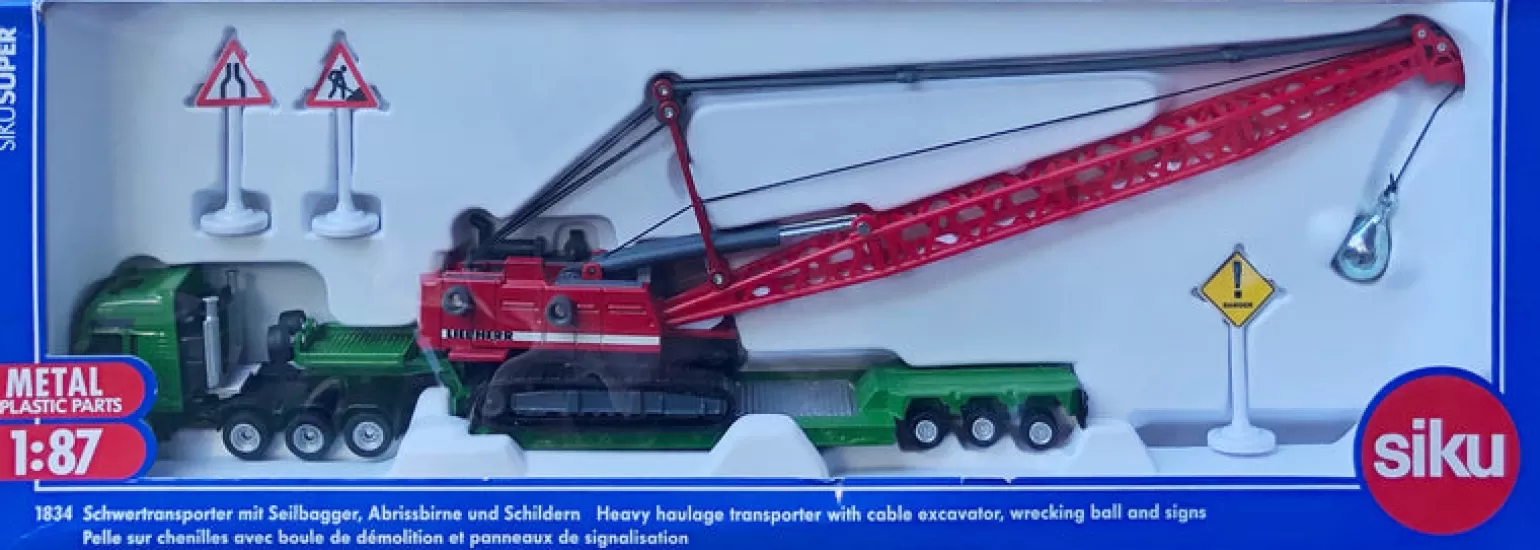 SIKU - Heavy Haulage Transporter With Cable Excavator, Wrecking Ball And Signs